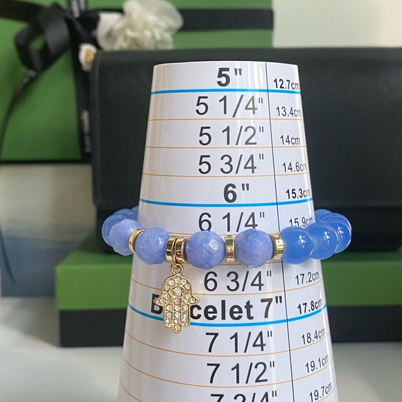 Blue Agate & Blue Chalcedony Stretch Bracelet w/Gold Pave Rhinestone Hamsa Charm - Picture 7 of 8